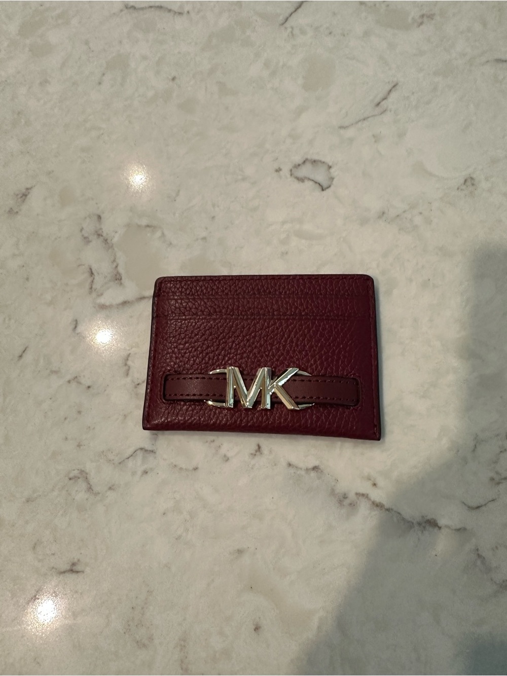 Michael Kors Wine Red Pebbled Leather Card Holder with MK Emblem